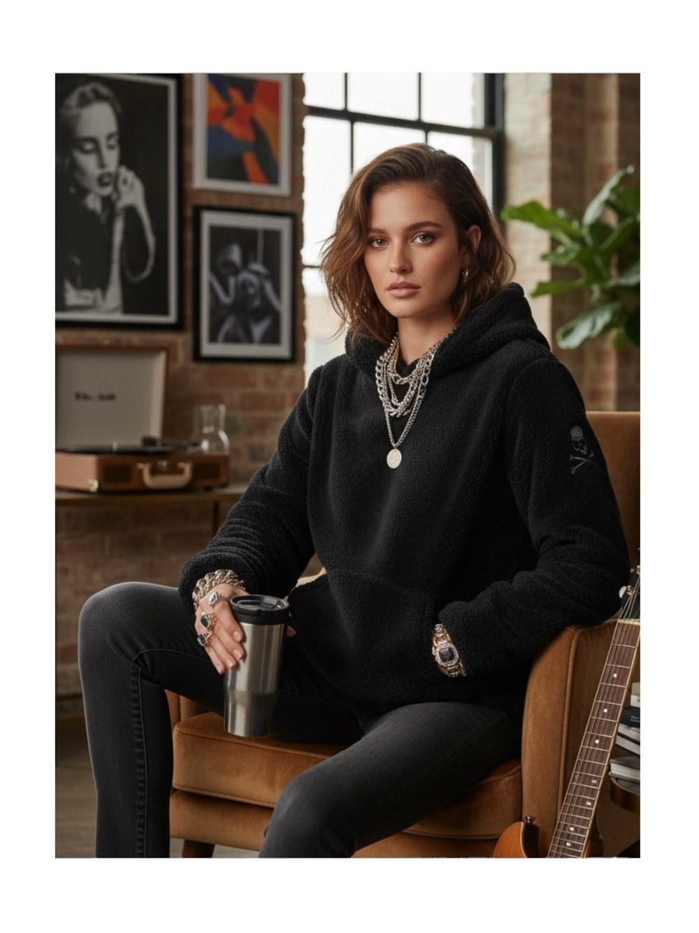 new SoulCycle ☻ Faux Shearling Reversible Mesh Skull Embroidered Pullover Hoodie - Picture 15 of 16